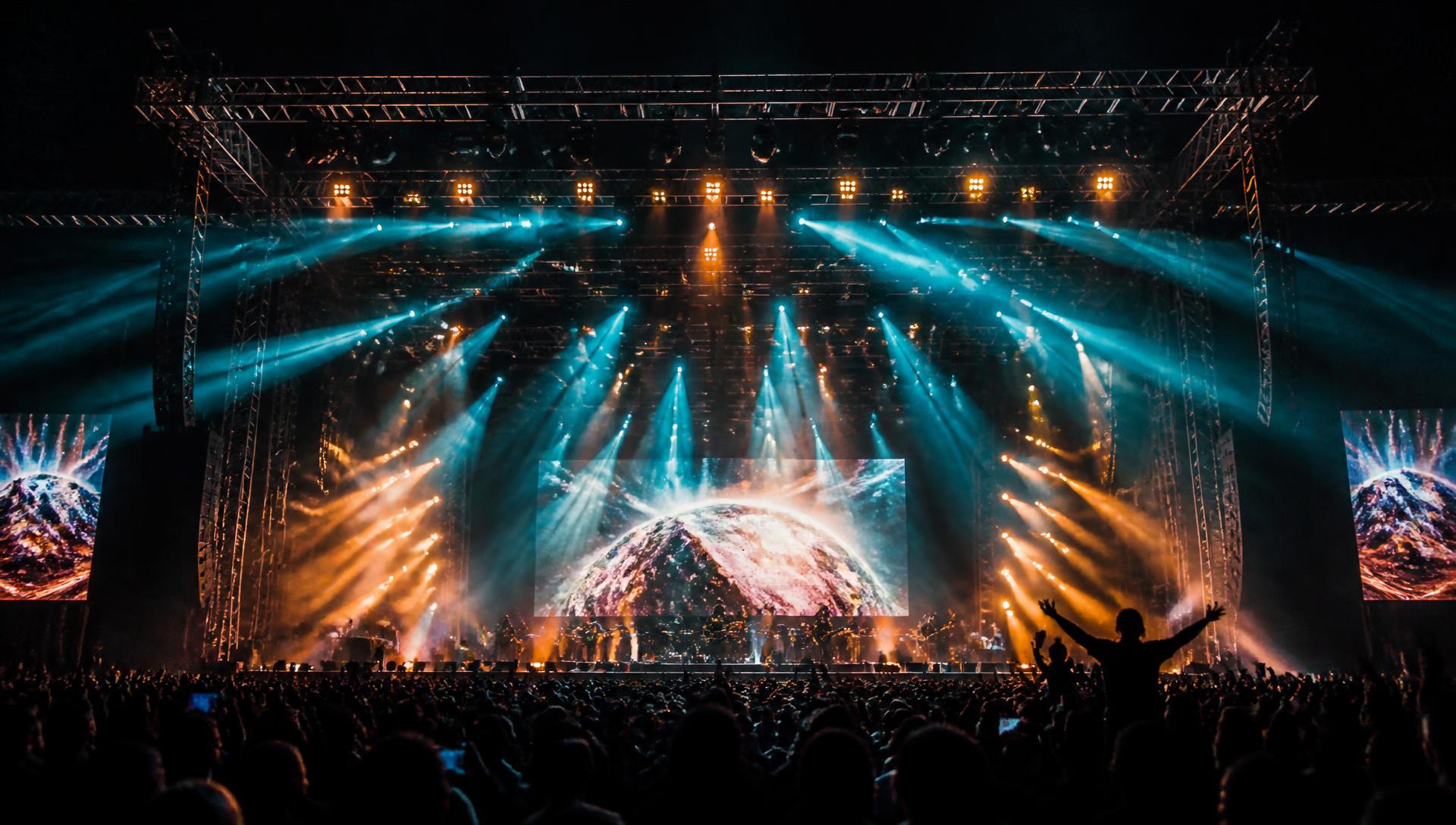 Concert stage rig with teal and amber beams cutting through haze
