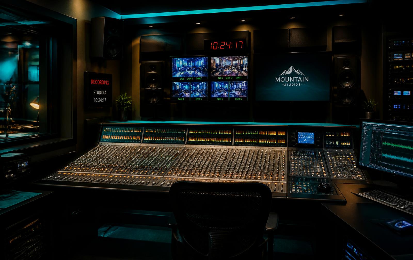 Studio control room with a large mixing console lit in teal and amber